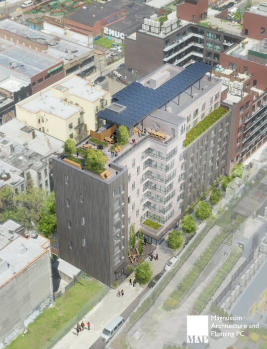 rendering from above of rheingold affordable senior housing