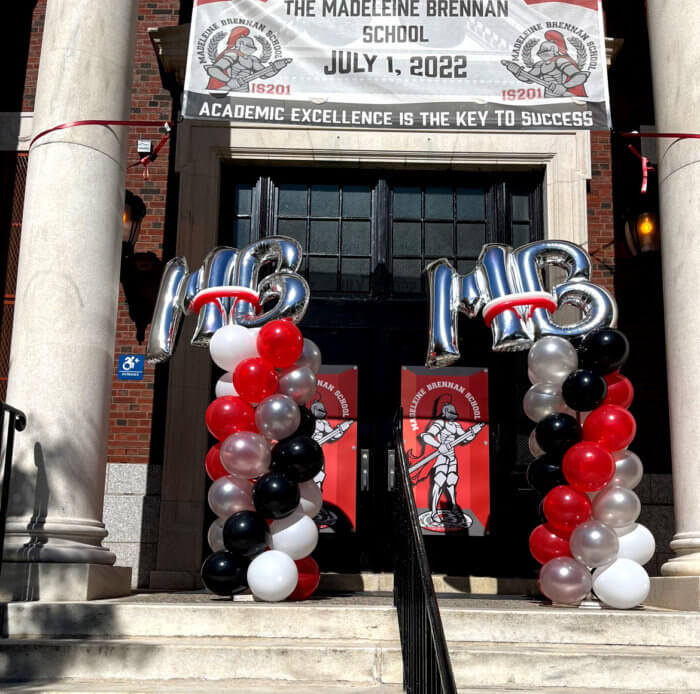 balloons and banner at Madeleine brennan school
