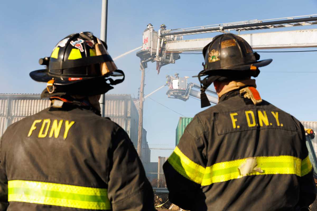 firefighters at scene of red hook NYPD evidence warehouse fire