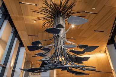 Hanging tree sculpture by Jean Shin at the Brooklyn Public Library's Brooklyn Heights location.