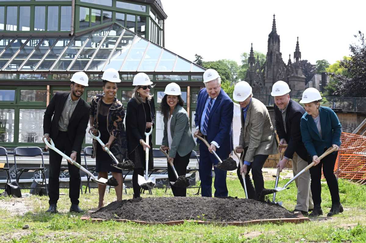 Pictured from left to right: Brooklyn Borough President Antonio Reynoso, Department of Cultural Affairs Commissioner Laurie Cumbo, Executive Director of the New York State Council on the Arts Mara Manus, Council Member Alexa Avilés, Green-Wood Cemetery President Richard Moylan, Green-Wood Board of Trustees Chair Peter Davidson; Green-Wood Vice President of Operations Eric Barna, and Green-Wood Vice President of Development and Programming Lisa Alpert.