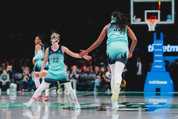 Teammates Jonquel Jones and Courtney Vandersloot celebrate a play at halfcourt.