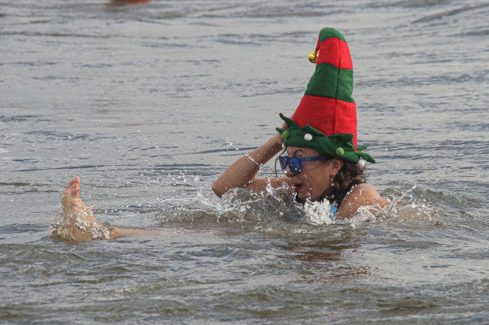 woman in elf hat at polar plunge