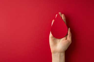 World donor day concept with hand holding paper red drop on white background